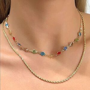 Gold Multicolor Gemstone Multilayered Rope Chain Necklace